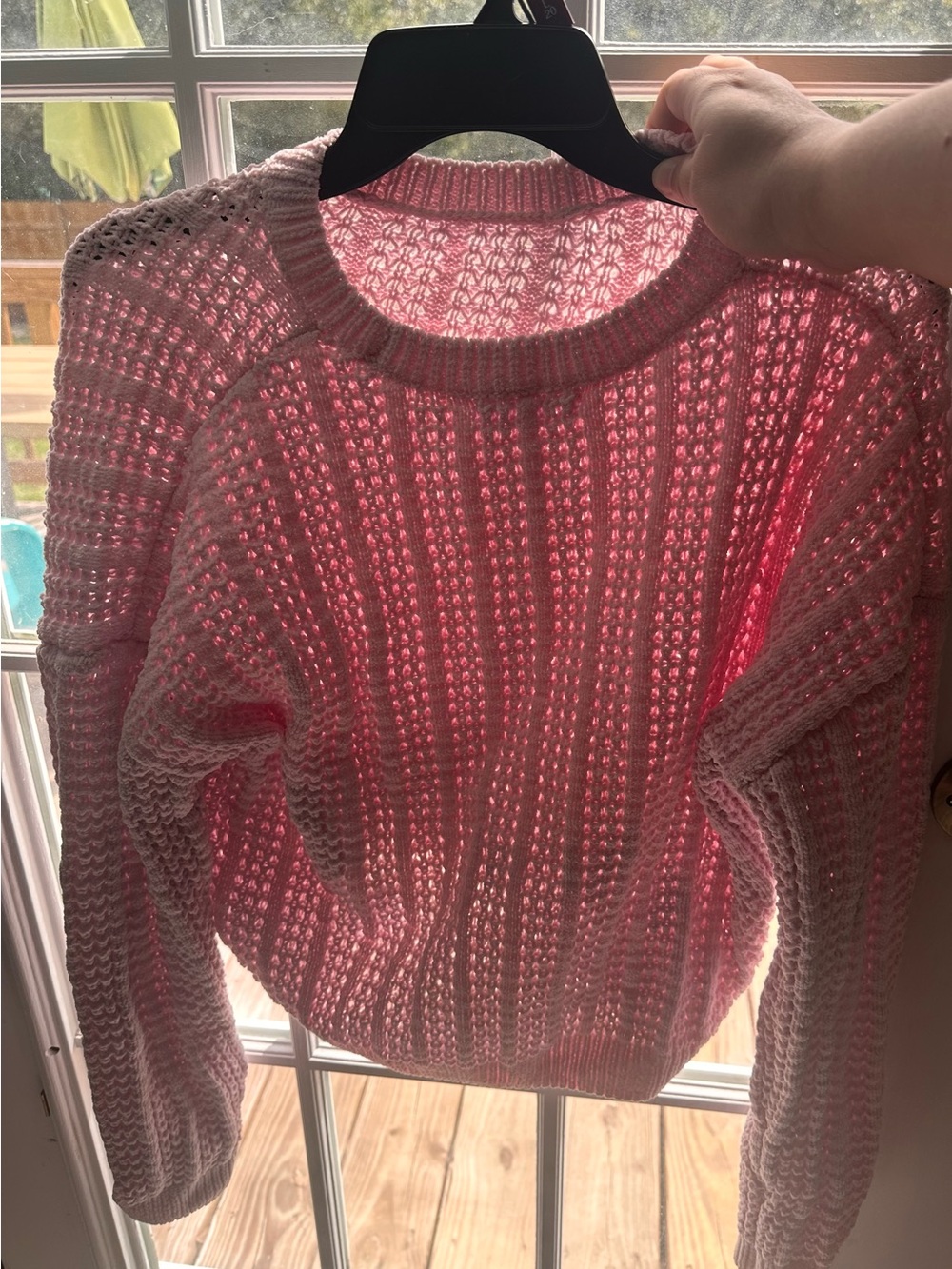 Women’s Pink Open-Knit Crewneck Cropped Sweater